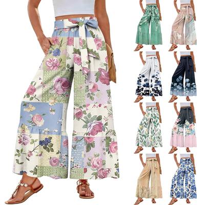 Women's Wide-Leg Casual Pants, Stretch, High Waist, Ruffled Hem, Wide Legs, Belted, And Pockets