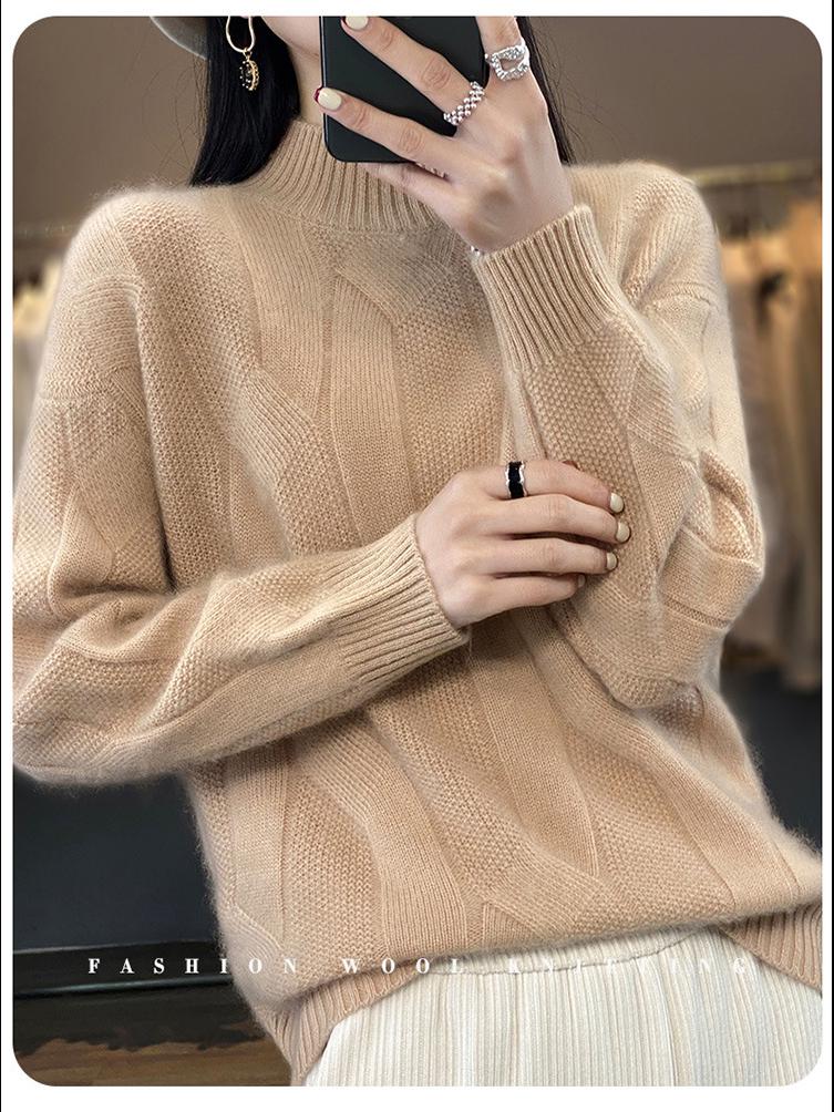2024 Women's 100% Wool Half-High Collar Twist Sweater - Thick, Solid Color, Loose Fit, Slim Knit