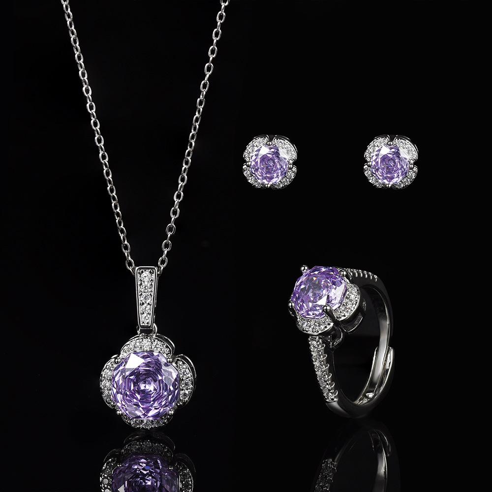 New Seiko Rose Cut Papalacha Zircon Necklace Earrings Color Treasure Ring Three-piece Set