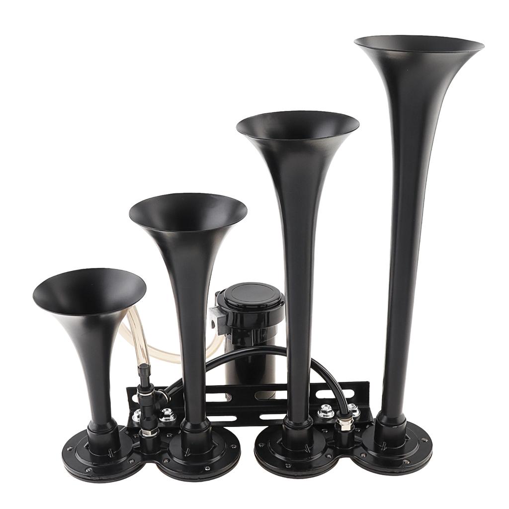 12V 185dB Super Lautes Vier-Trompeten Musikalisches Lufthorn mit Kompressor Schalterknopf Schwarz für Autos LKWs Boote Motorräder