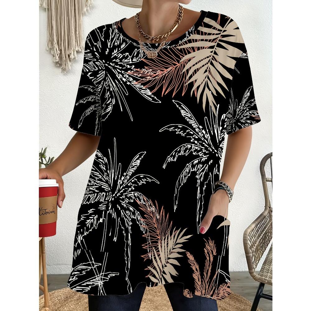 Women's Summer Short Sleeved T-shirt, 3D Printed Pocket T-shirt, Casual Plus Size T-shirt