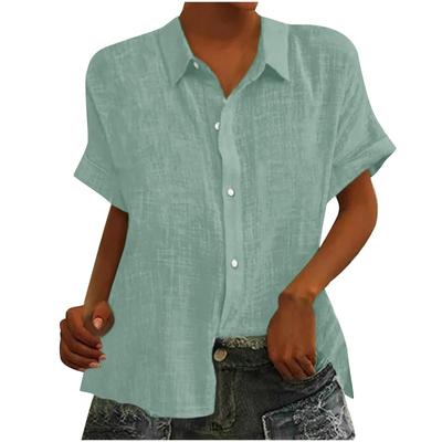 Spring Solid Color Women's Loose Cotton Hemp Short Sleeve Collar Button Open Top for Women Shirt