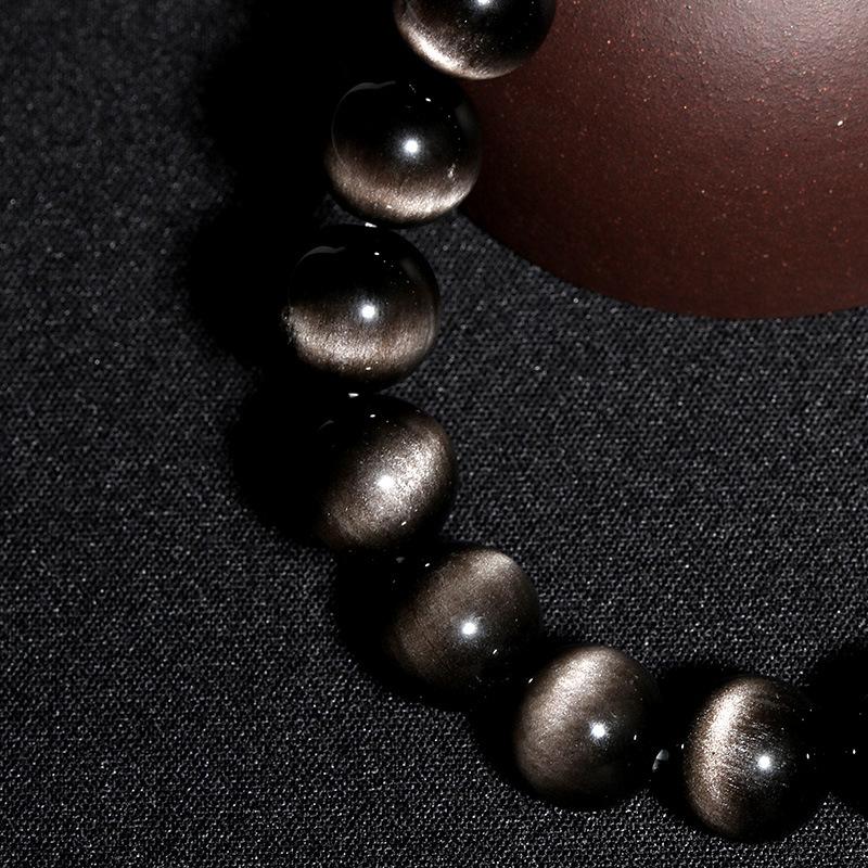 Double Eyed Beaded Silver Obsidian Bracelet Fashion Crystal Round Beads Hand String Jewelry