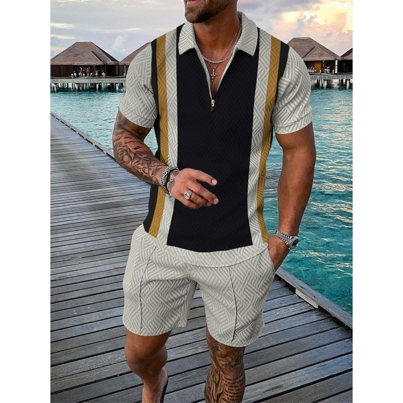 Mens Casual 3D Lion Print Half Zip Shirt And Shorts Two Piece Set
