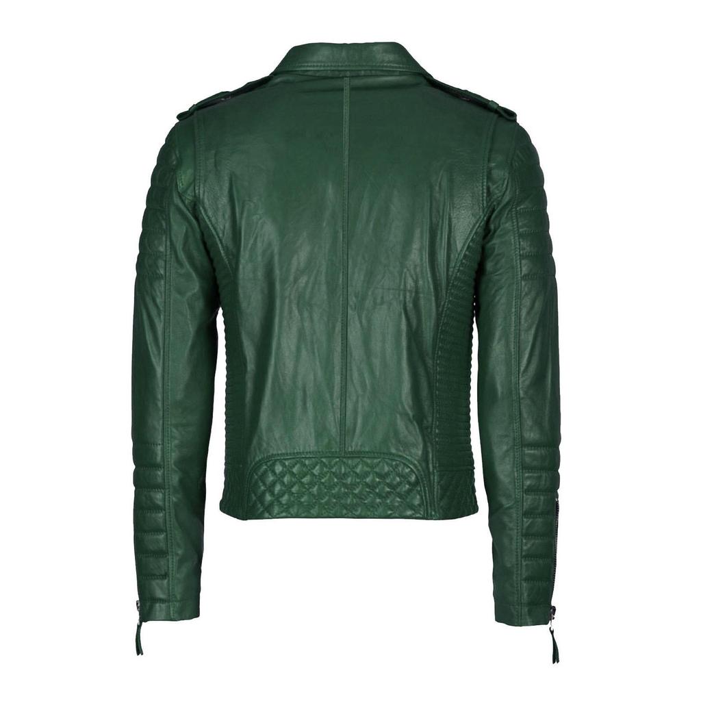 SKINOUTFIT Men Motorcycle Leather Jacket Genuine Green Lambskin Café Racer Biker Outerwear