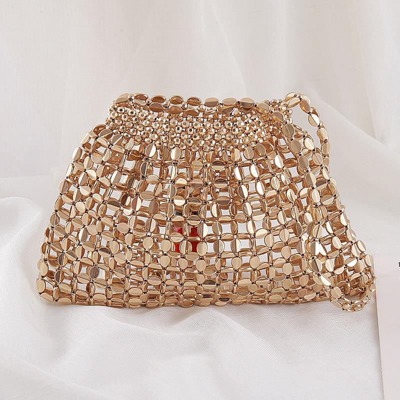 Yogodlns Women Summer Woven Hand Bag Luxury Design Hollow-out Silver Hand Woven Single Shoulder Underarm Bag