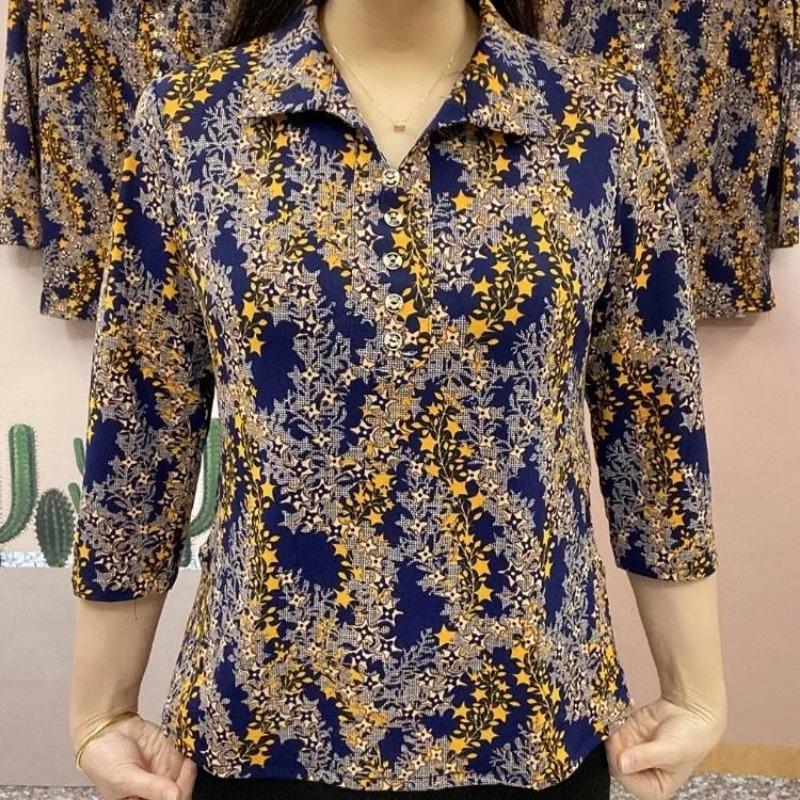 

Womens Navy Blue Star Floral Print Polo Collar Half Sleeve Blouse L