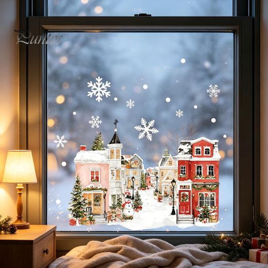 Transparent Christmas Ornaments Static Window Clings, Snowy Town House Snowflake Glass Decals, Reusable Clings Xmas Stickers, Holiday Decor