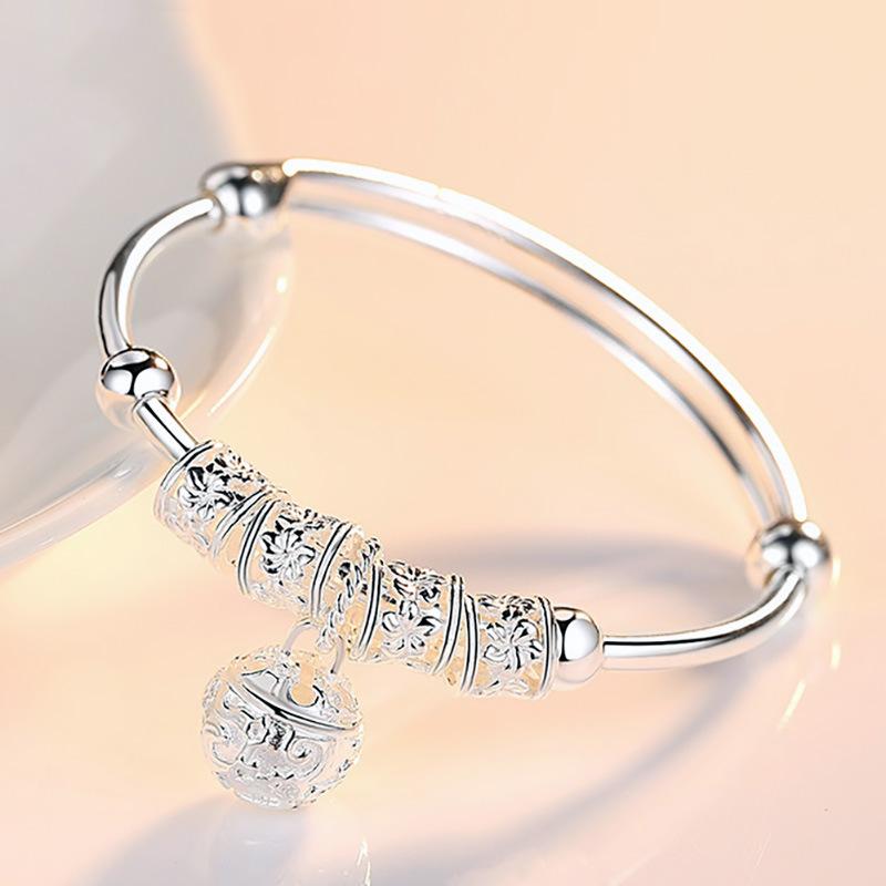 Fine 925 Silver Hollow Bells Ball Bangles Adjustable Bracelets for Women Fashion Holiday Gifts Party Wedding Jewelry