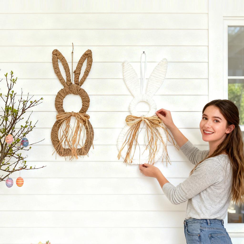 47*20cm Easter Bunny Wreath With Flowers, Bunny Shaped Pendant, Front Door Decoration