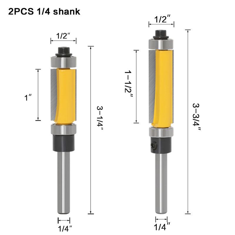 1/2 Stück 6 mm 1/4-Zoll-Schaft-Schablonen-/Trim-Fräser mit 2 Zoll langen Fräsern oben und unten, Kugellager, Holzbearbeitungswerkzeug