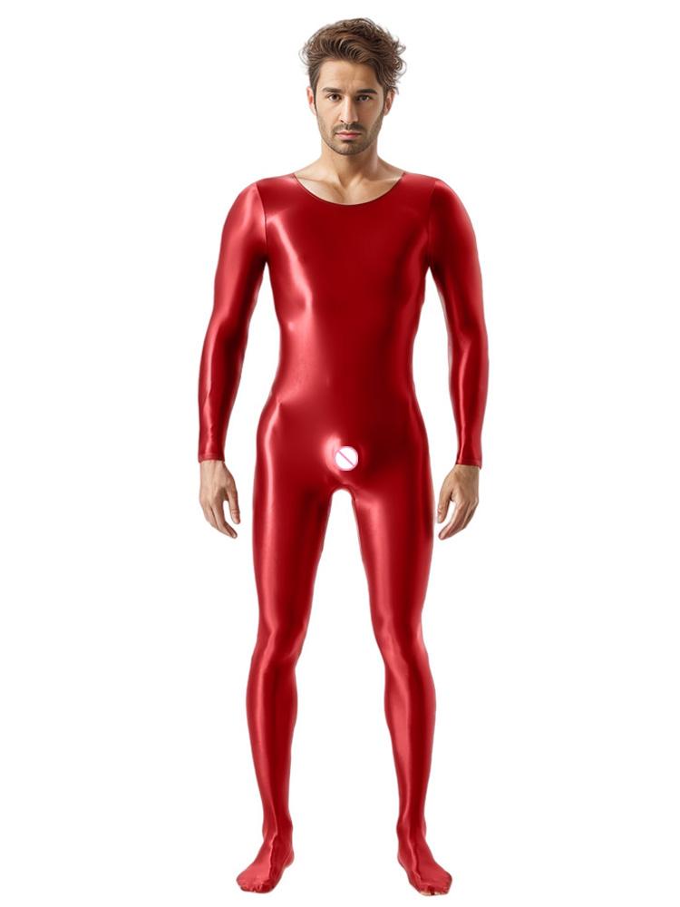 Sexy Men Candy Color Oil Glossy Shiny Shapping Bodysuit Stain Smooth Sheer See Through Sexy Tights Elastic Fitness Leotard