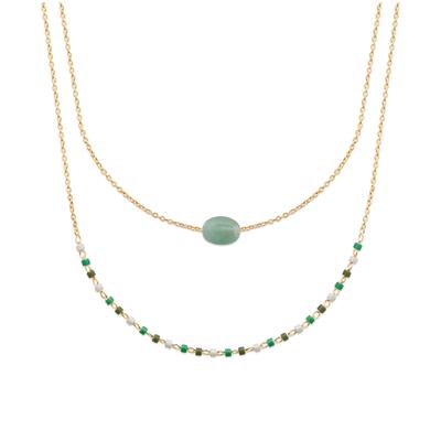 [R1105] - Gold-Plated 'Boho' Golden Aventurine Necklace (2 Rows) - 8x6 Mm
