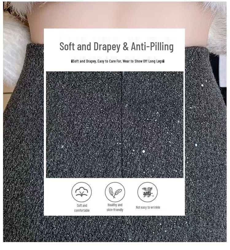 Irregular Sequins High-Waist Black Bodycon Woolen Mini Skirt for Women - Autumn/Winter 2025 Collection