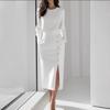 Women's  Solid Color Long Sleeves Elegant Midi Dress with Button Details and Side Slit - Crew Neck