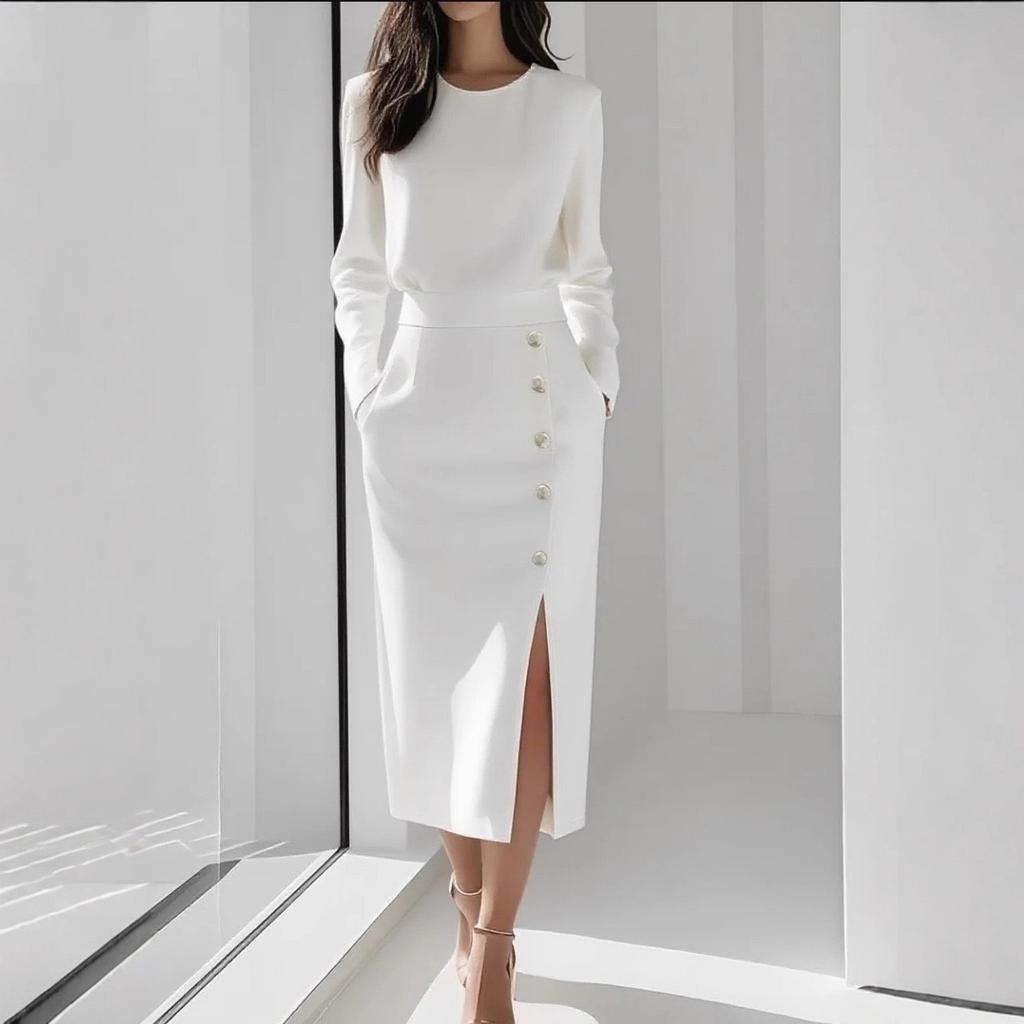 Women's  Solid Color Long Sleeves Elegant Midi Dress with Button Details and Side Slit - Crew Neck