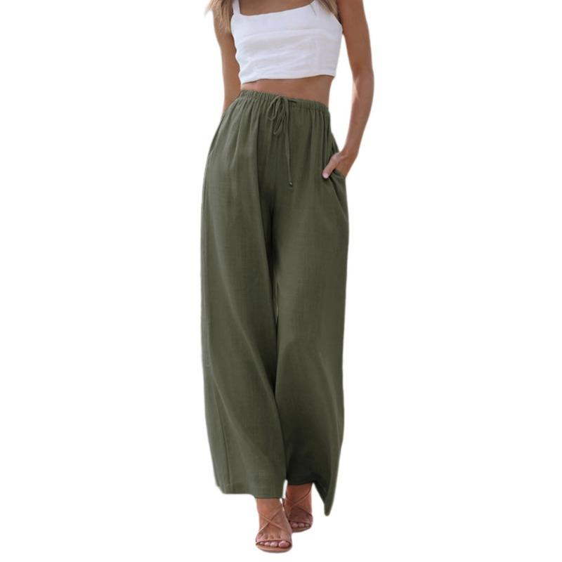 Women's Drawstring Waist Wide Leg Pants Casual Loose Linen-Look Trousers with Pockets