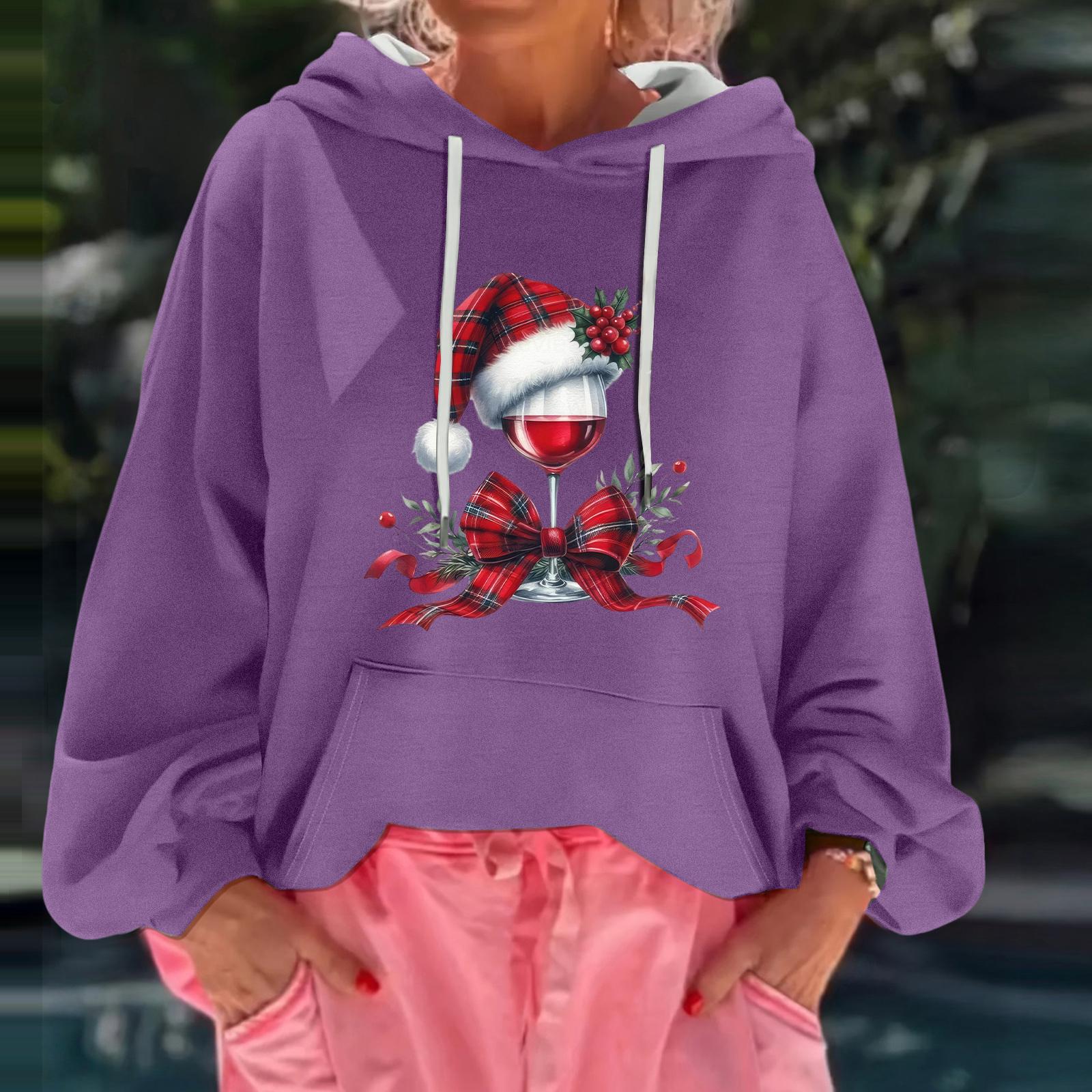 

Женский рождественский принт, свободный повседневный худи с длинным рукавом и капюшоном XXL фиолетовый