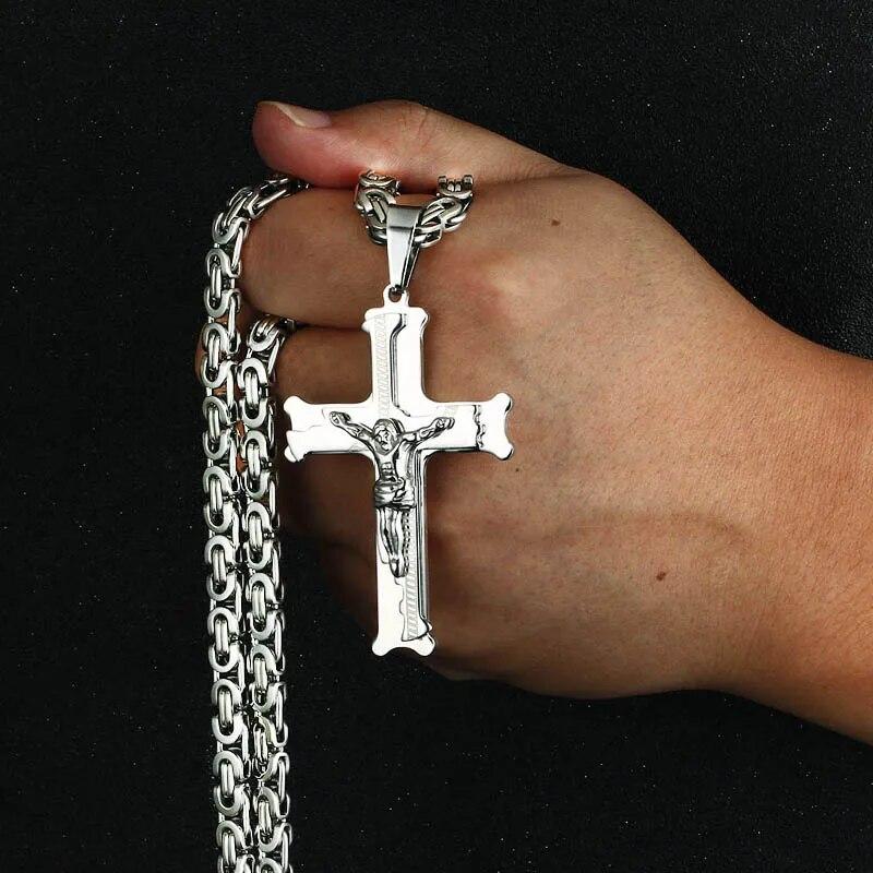 Fish Bone Pattern Cross Pendant Necklace Men Stainless Steel Crucifix Jesus Link Byzantine Chain Necklace Catholic Jewelry Gift