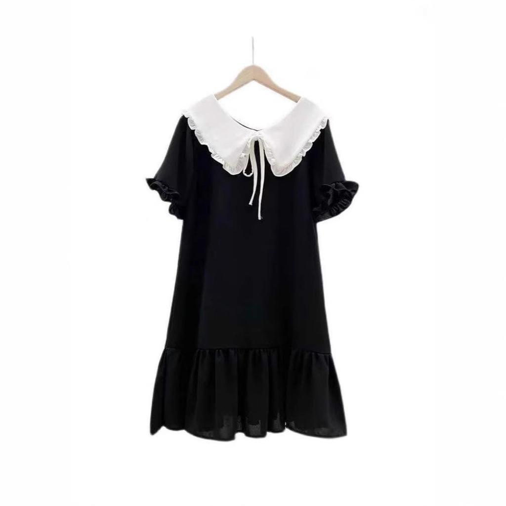 2024 Petite Black Dress with Doll Collar: Loose Fit, Slimming, Flesh-Covering Short Sleeves