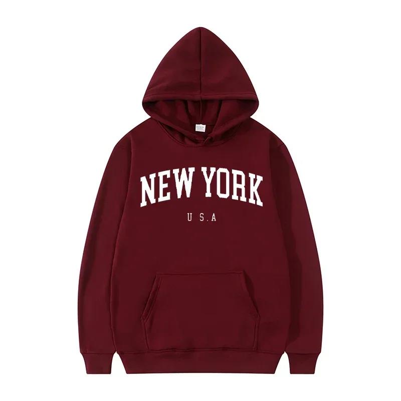 NEW YORK Letter U.S.A City Print Hoody Men Fashion Casual Long Sleeves Hooded Loose Oversize Pullover Hoodie Street Sweatshirt
