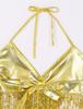 Women Shiny Sequins Tassels Carnival Rave Performance Belly Dance Costume Halter Bra Tops with Hip Scarf Wrap Skirt Set