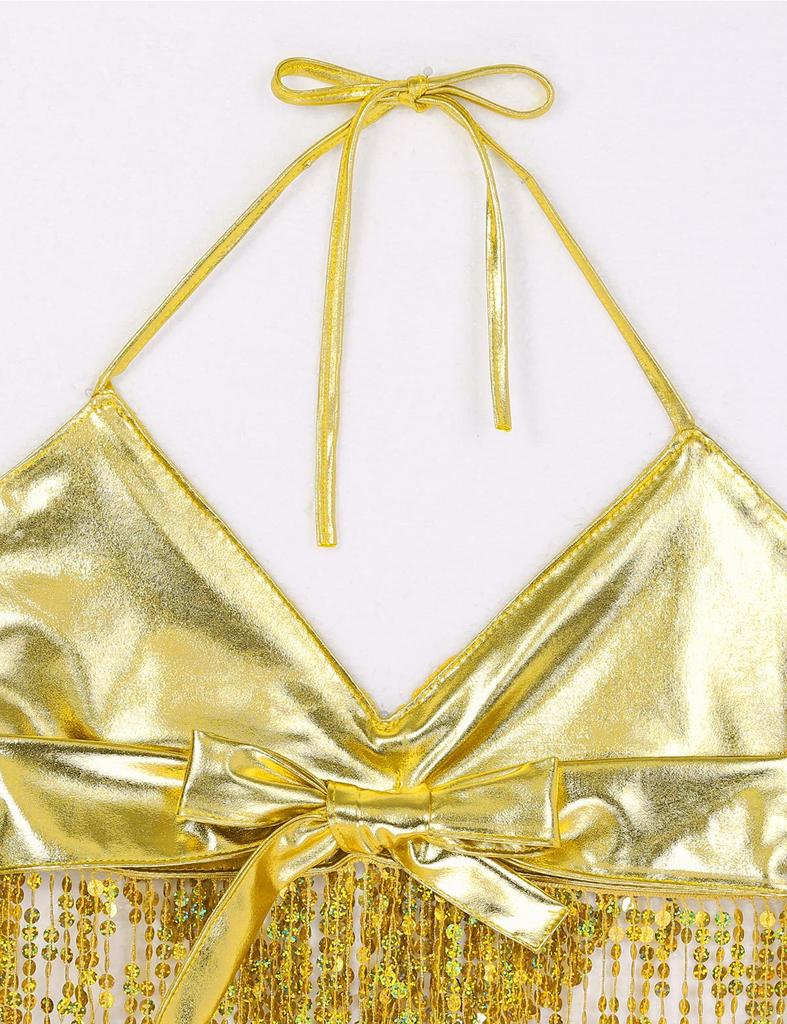Women Shiny Sequins Tassels Carnival Rave Performance Belly Dance Costume Halter Bra Tops with Hip Scarf Wrap Skirt Set