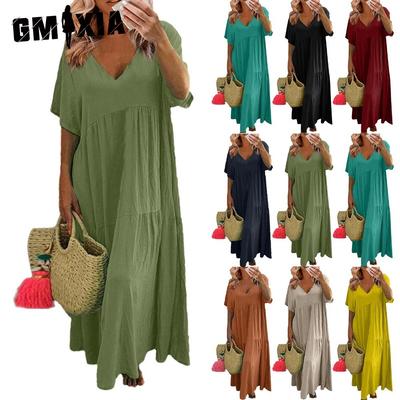 Women Summer Fashion Solid V-Neck Plus Size Dress Loose Long Oversized Casual Short Sleeve Dress