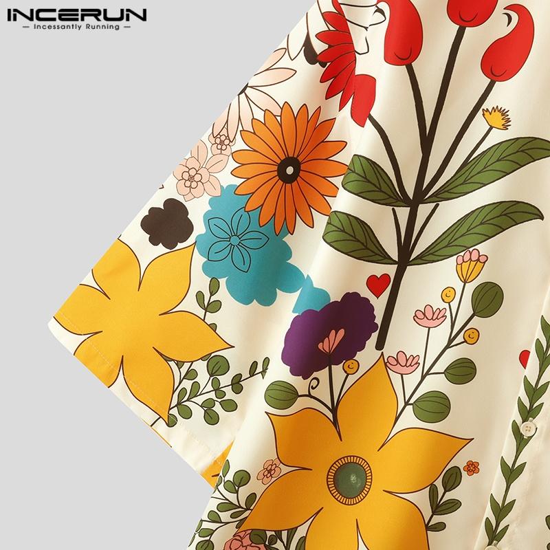 INCERUN Cămăși Casual de Vacanță pentru Bărbați, Mărimi Oversized, Guler Rever, Mâneci 3/4, Nasturi, Imprimeu Floral
