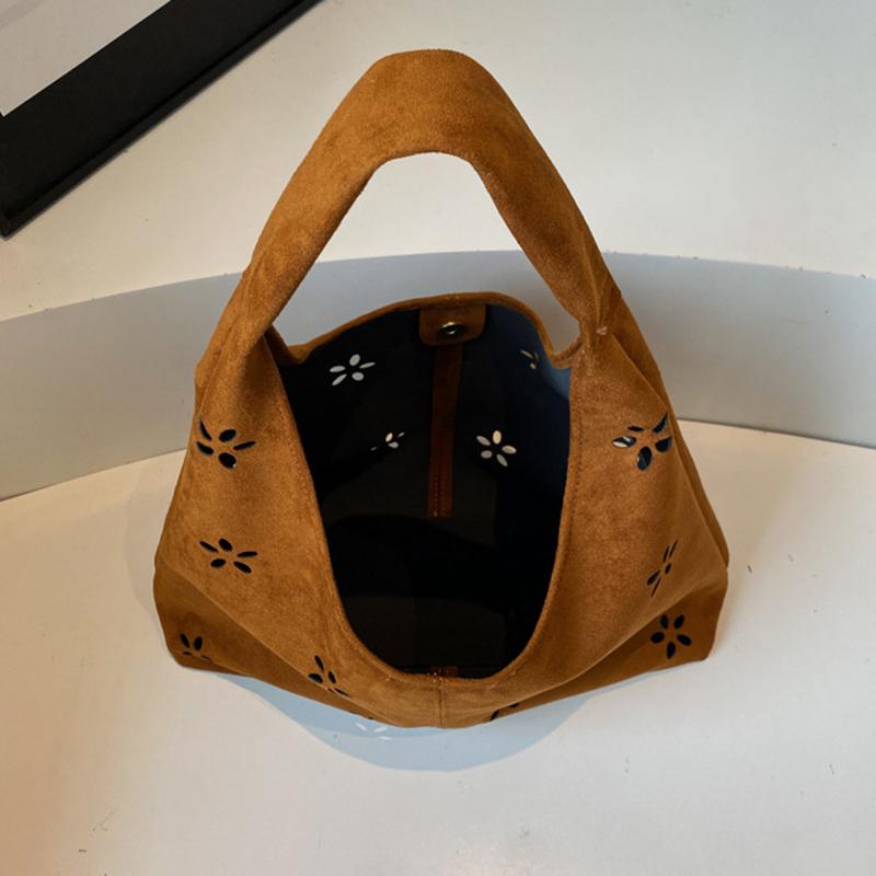 Faux Suede Women's Hollow Flower Shoulder Bags Matte Leather Female Underarm Bag Vintage Large Capacity Female Tote Handbags