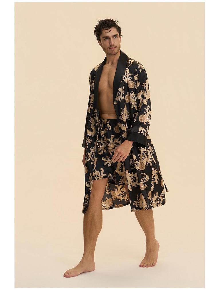 Yaoting Men's Long Sleeve Silk Pajamas and Bathrobe Set, Ice Silk Loungewear