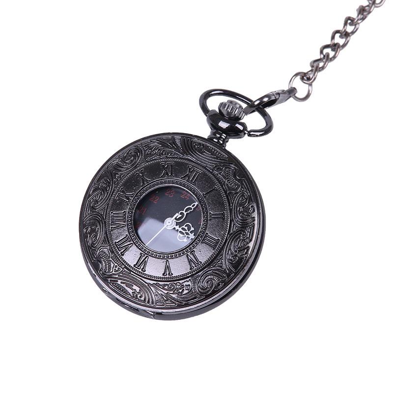 Large Black Chunky Chain Pocket Watch with Double Roman Numerals & Openwork Lace