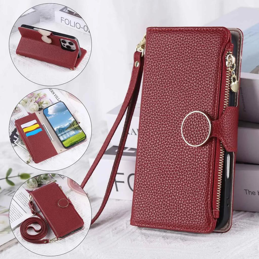 Custodia per Telefono a Tracolla con Laccetto e Zip per Donna per Samsung Galaxy Z Fold 7 6 5 4 Fold7 Fold6 Portafoglio Porta Carte Copertura in Pelle