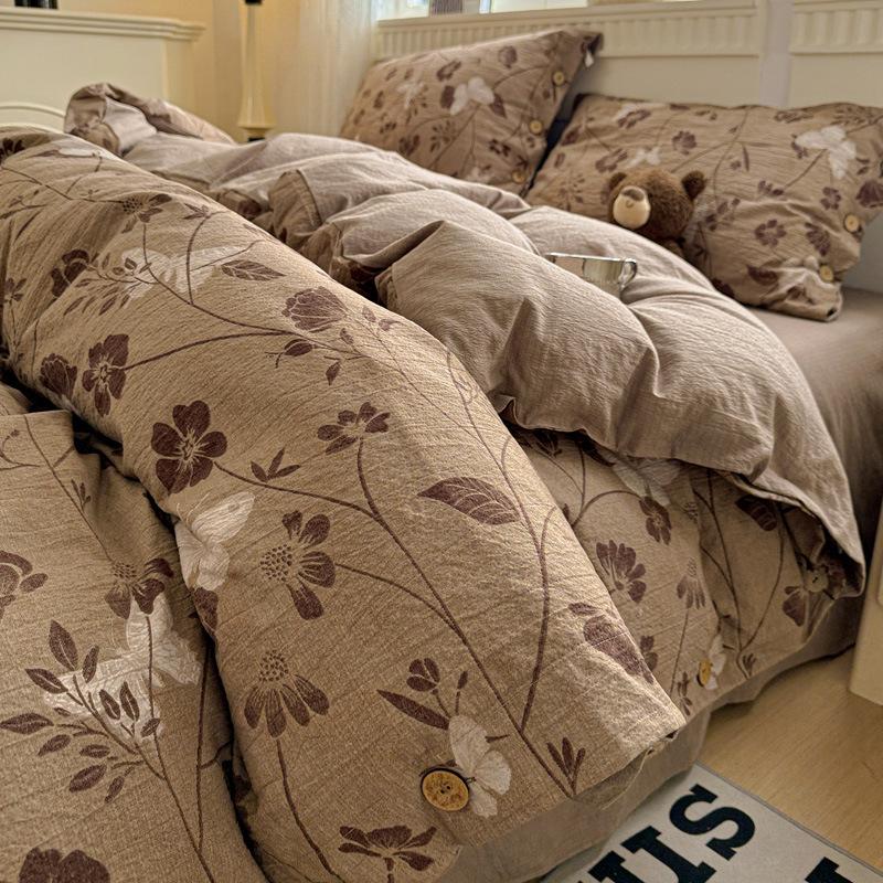 Retro Floral Linen Bedding Set: Autumn & Winter 4-Piece with Button Duvet Cover & Sheet