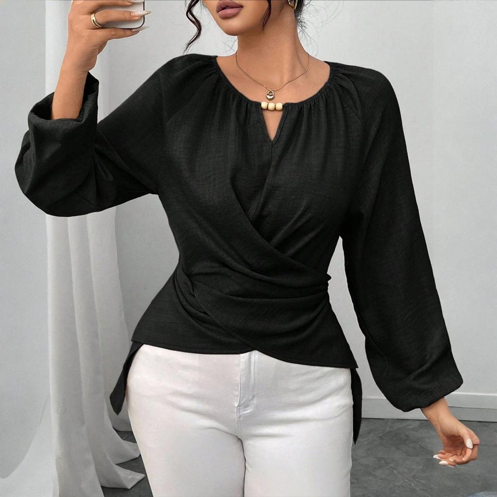 Women's Cute Printed Work Clothes V-neck Double Layer Pockets Basic Long Sleeve Top Pullover Valentines