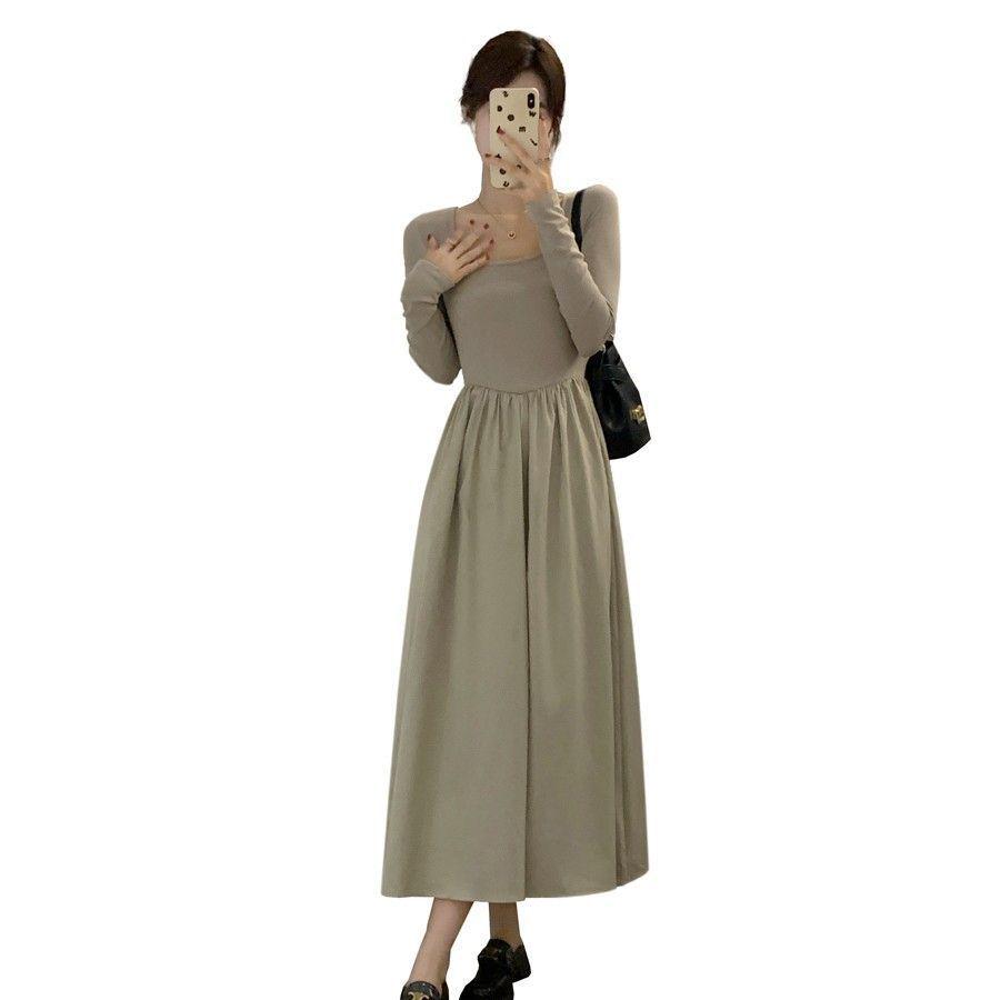 French Hepburn Style Long Sleeve Square Neck Dress for Women - Autumn High-End Inner Layer Long Skirt