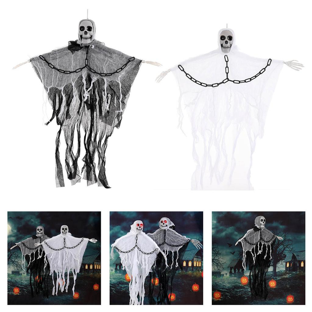 Realistická závěsná kostra duch Halloweenská dekorace s plastovými řetězy pro vnitřní venkovní party dekorace