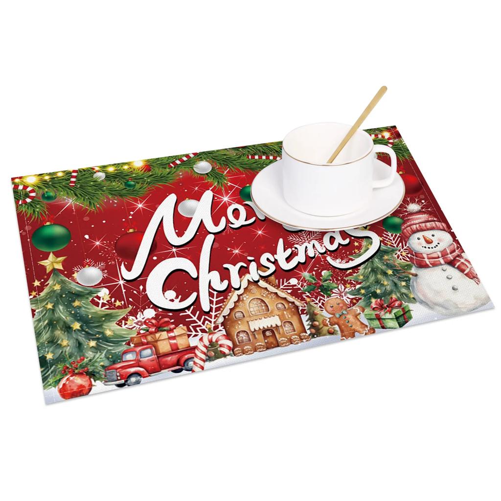 Christmas Table mat dining table Xmas Tree Snowman Santa Gingerbread House Linen Fabric Merry Christmas Holiday Table Decoration