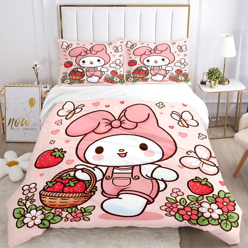 3pcs My Melody's Sweet Strawberry Basket Adventure Quilt Set - Soft and Comfortable Bedroom, Guest Room and Dorm Decor Bedding Set H080