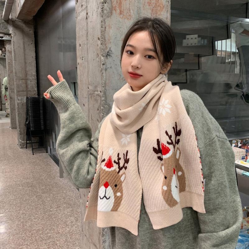 New Christmas Red Scarf for Women Autumn and Winter Knitted Warm Elk Scarf for Men Korean New Year Cute and Versatile