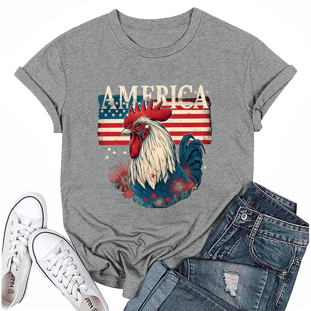 Women's Round Neck Casual Independence Day Printed Short Sleeve T-Shirt Top