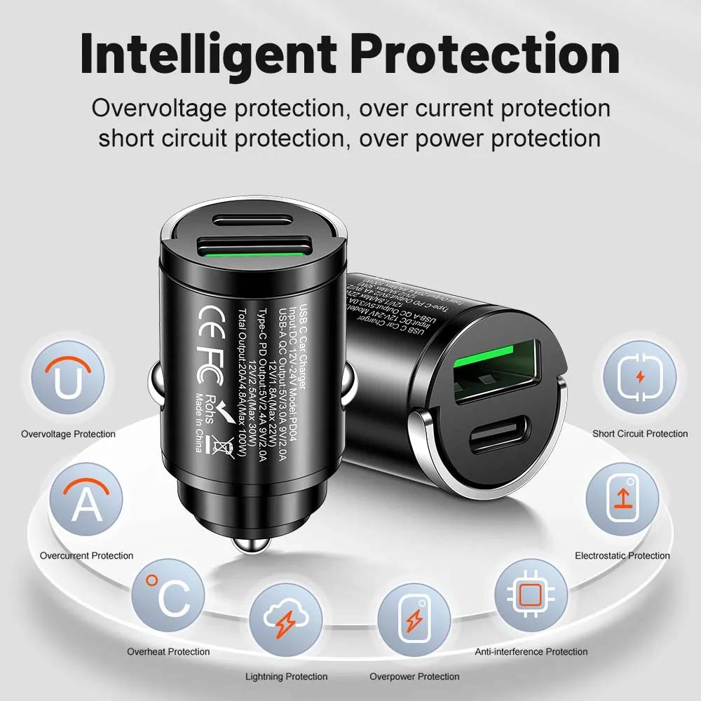 100W Mini Car Charger with Pull Ring QC3.0 PD Fast Charging 12-24V for iPhone Xiaomi Samsung Huawei Universal for All Car Models