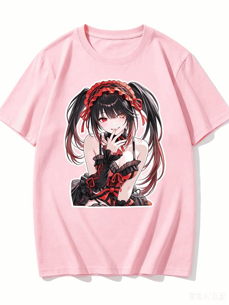 2026 New Unisex Crew Neck Casual Short Sleeve T-Shirt With Lolita Style Lying Pose Kurumi Tokisaki Cutout Anime Print