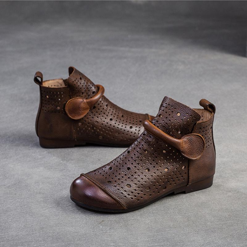 Johnature Echtes Leder, ausgehöhlte Stiefel, Retro-runde Zehenpartie, atmungsaktive Sandalen, vielseitige flache Damenschuhe