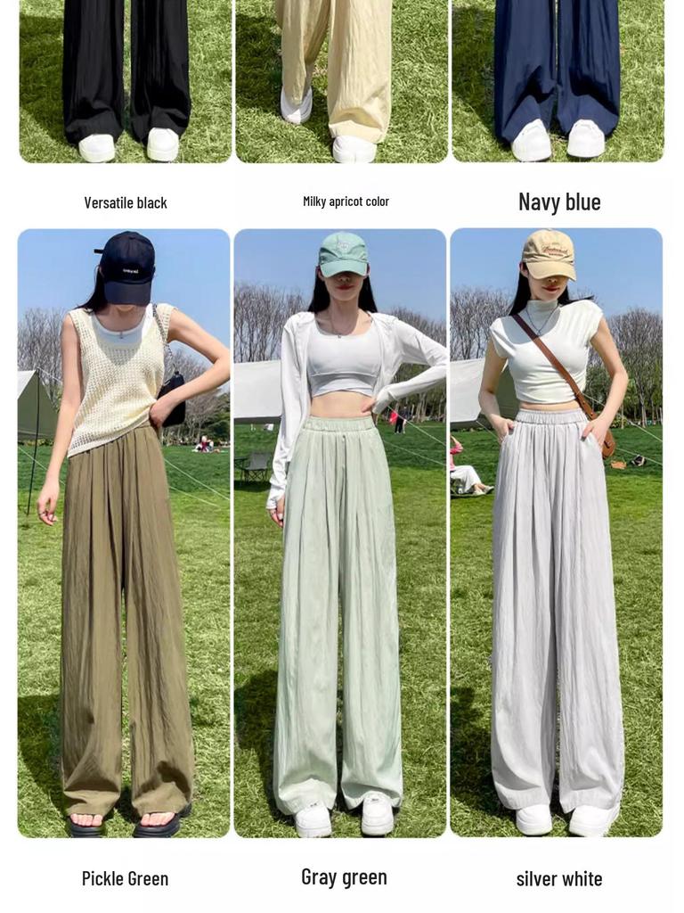 Women's Navy Blue Ice Silk Wide-Leg Pants: High-Waisted, Lightweight, Sun-Protective, Casual Trousers.