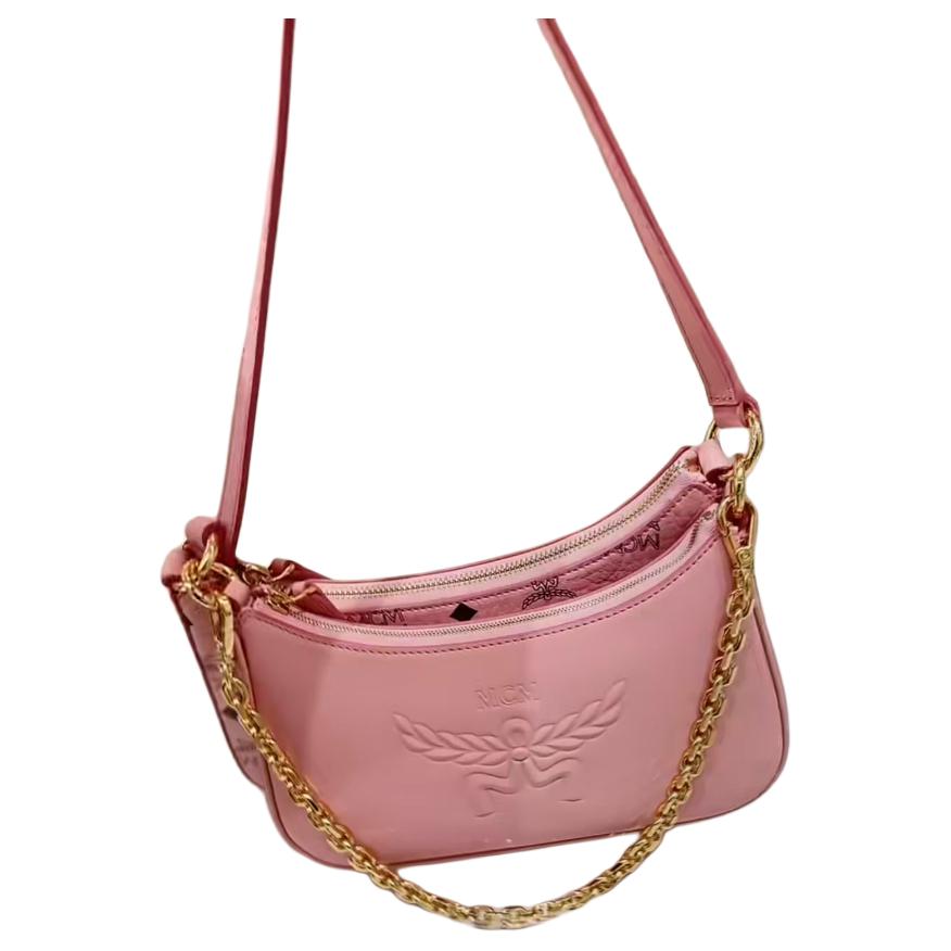 

MCM Pink Leather Hobo Shoulder Bag with Gold Chain Strap & Embossed Logo for Daily & Evening Use Basic Set (Bag+Dust Bag)