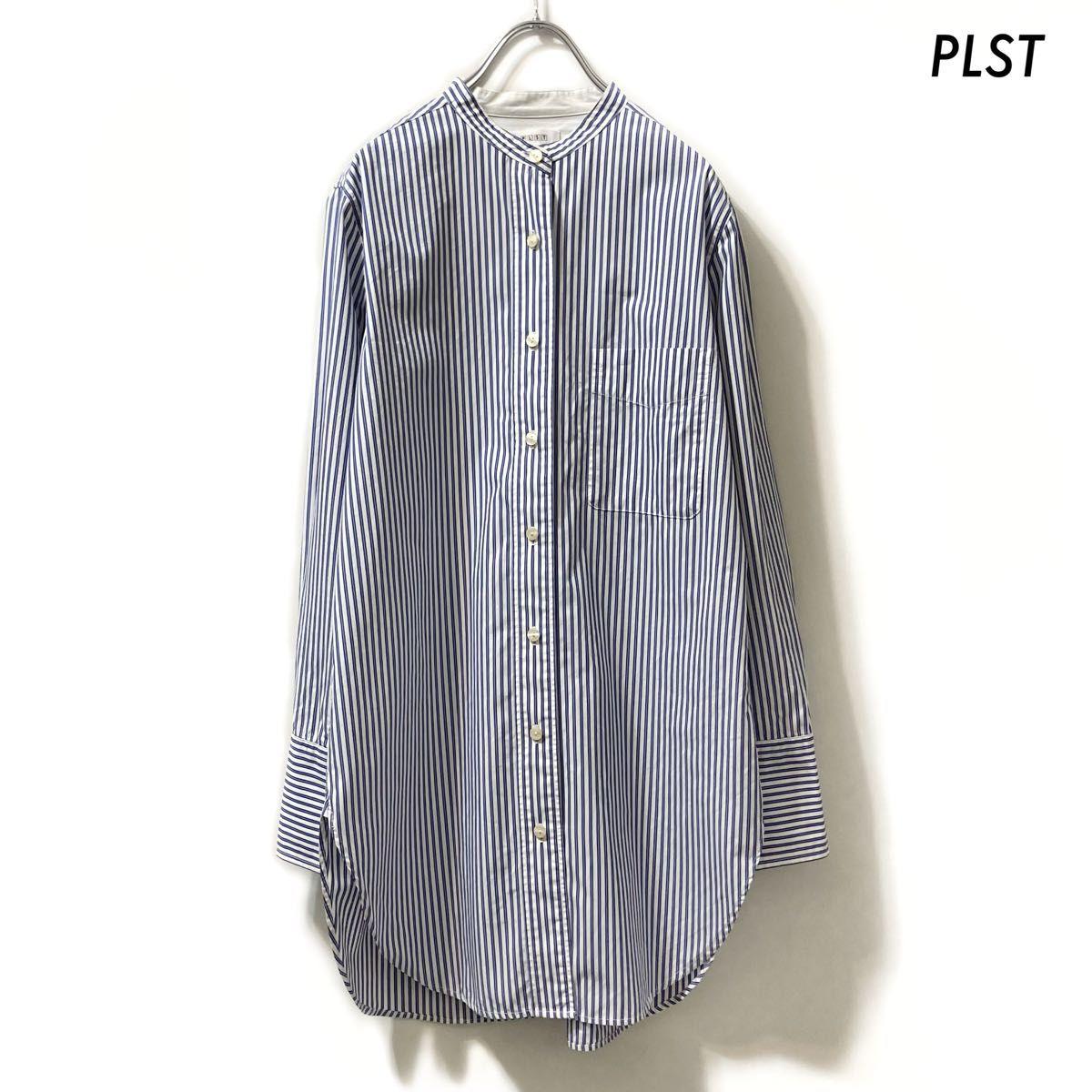 PLST PlasteStripe Pattern Cotton Broad Tunic Shirt Long Sleeve Blue