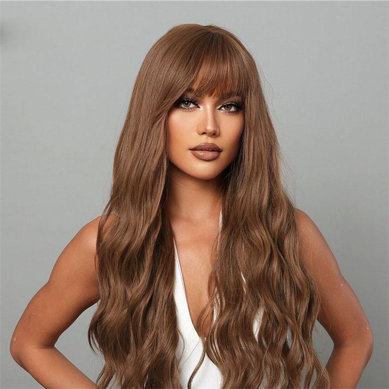 Wasserwellen Gerader Pony Perücke Damen Langhaar Farbverlauf Braun Flauschig Natürlich Lockiges Haar