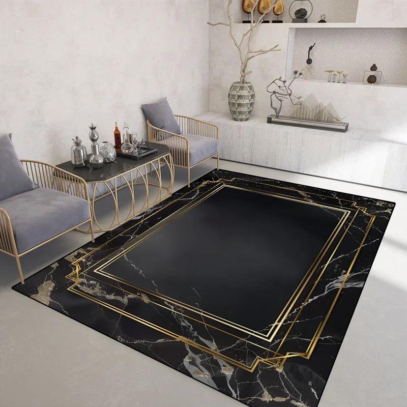 Light Luxury Black Gold Rugs for Living Room Marble Style Decoration Coffee Tables Carpet Non-slip Bedroom Soft Mats Washable