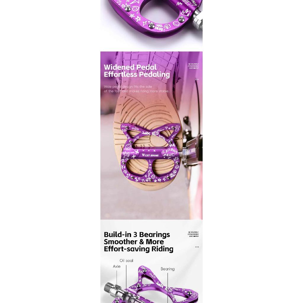 WEST BIKING Bicycle Pedals 3 Bearing Cat Shaped MTB Road Bike Pedals Flat Platform Seal Bearings Cycling Pedals Bike Accessories